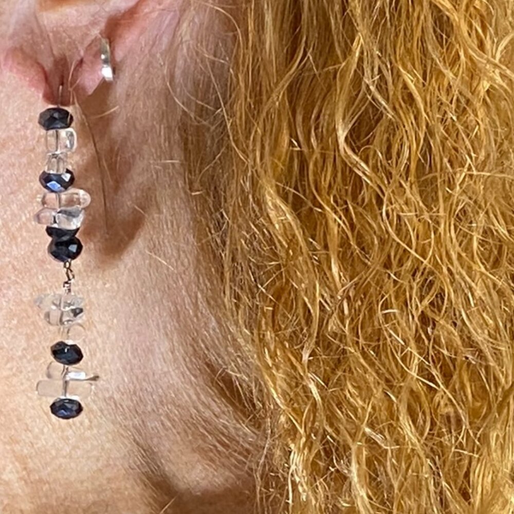 Silver with Black and Clear Glass Long Dangle Earrings Jewelry